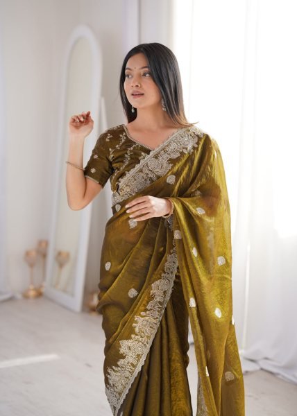 Enchanting Mahendi Fendy Crush Saree with Zari Embroidery and Hotfix Work For Wedding Embroidery Sarees Wholesale