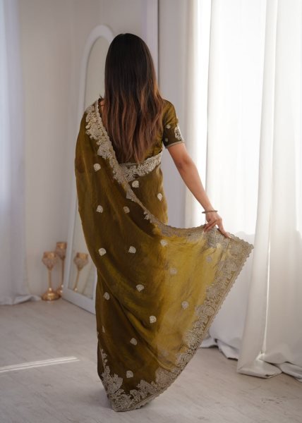Enchanting Mahendi Fendy Crush Saree with Zari Embroidery and Hotfix Work For Wedding Embroidery Sarees Wholesale