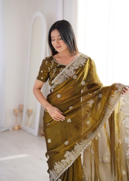 Enchanting Mahendi Fendy Crush Saree with Zari Embroidery and Hotfix Work For Wedding Embroidery Sarees Wholesale