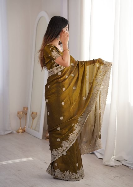 Enchanting Mahendi Fendy Crush Saree with Zari Embroidery and Hotfix Work For Wedding Embroidery Sarees Wholesale