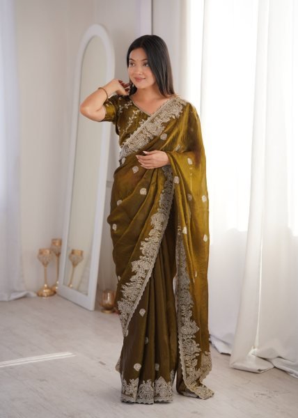 Enchanting Mahendi Fendy Crush Saree with Zari Embroidery and Hotfix Work For Wedding Embroidery Sarees Wholesale