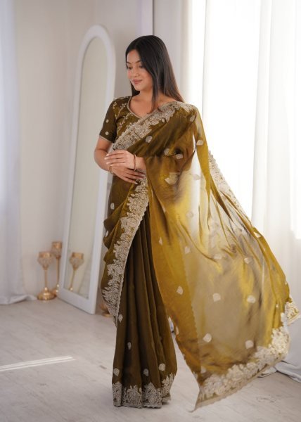 Enchanting Mahendi Fendy Crush Saree with Zari Embroidery and Hotfix Work For Wedding Embroidery Sarees Wholesale