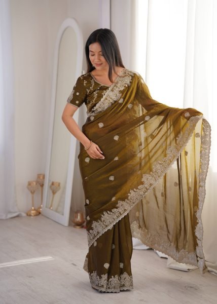Enchanting Mahendi Fendy Crush Saree with Zari Embroidery and Hotfix Work For Wedding Embroidery Sarees Wholesale