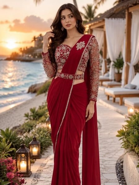 Enchanting Maroon Ready to Wear Imported Lycra Saree at Wholesale Rate