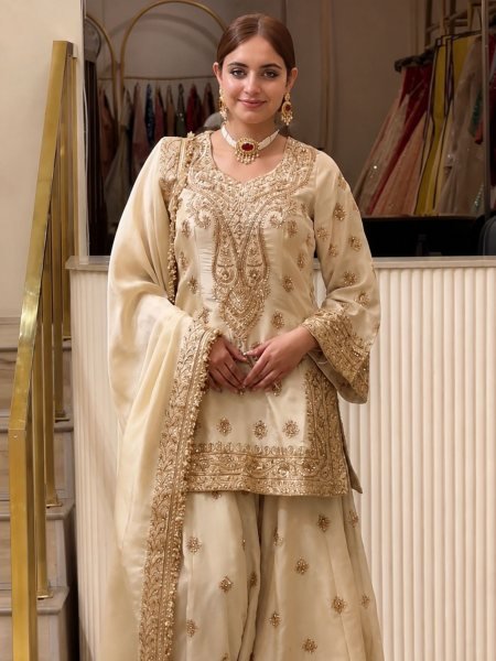 Enchanting Off White Chinon Silk Embroidered Top Plazzo Dupatta Set For Wedding Wear 