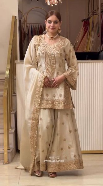 Enchanting Off White Chinon Silk Embroidered Top Plazzo Dupatta Set For Wedding Wear Ready To Wear Collection