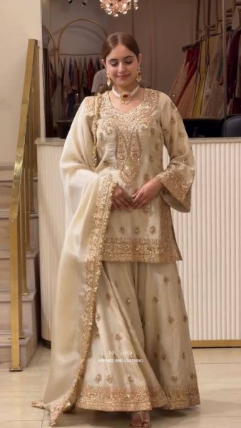 Enchanting Off White Chinon Silk Embroidered Top Plazzo Dupatta Set For Wedding Wear Ready To Wear Collection