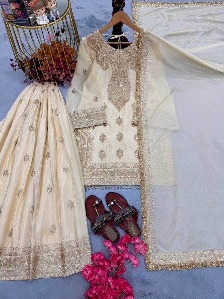 Enchanting Off White Chinon Silk Embroidered Top Plazzo Dupatta Set For Wedding Wear Ready To Wear Collection