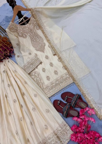 Enchanting Off White Chinon Silk Embroidered Top Plazzo Dupatta Set For Wedding Wear Ready To Wear Collection