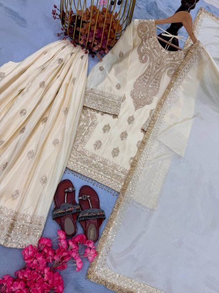 Enchanting Off White Chinon Silk Embroidered Top Plazzo Dupatta Set For Wedding Wear Ready To Wear Collection