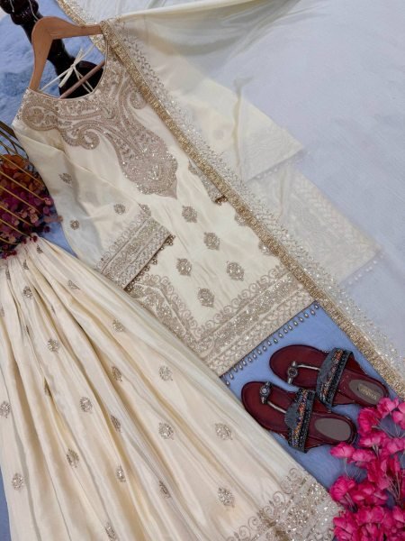 Enchanting Off White Chinon Silk Embroidered Top Plazzo Dupatta Set For Wedding Wear Ready To Wear Collection