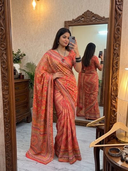 Enchanting Orange Chinon Silk Saree with Gold Zari and Printed Designer Blouse Silk Sarees Wholesale