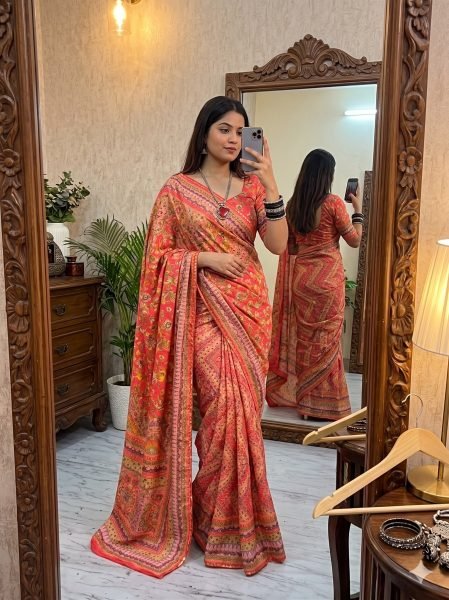 Enchanting Orange Chinon Silk Saree with Gold Zari and Printed Designer Blouse Silk Sarees Wholesale