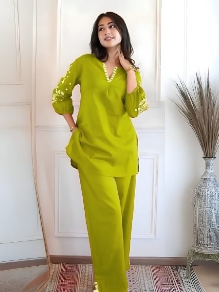 Enchanting Parrot Green Designer Cotton Flex Kurta Pant Co Ord Set with Embroidery Kurtis