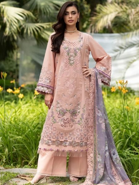Enchanting Peach Designer Pure Cotton Embroidered Suit Set with Solid Bottom Wear 