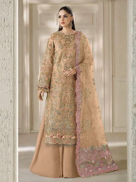 Enchanting Peach Party Wear Heavy Chiffon Suit with Khatli Work and Chiffon Dupatta 