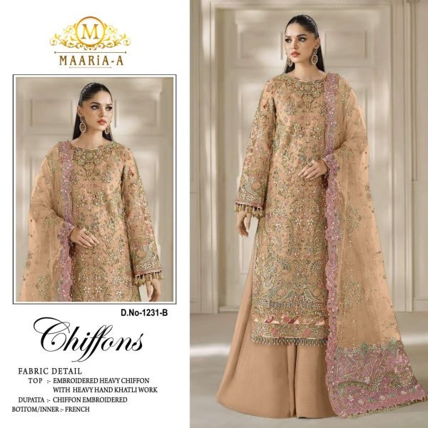 Enchanting Peach Party Wear Heavy Chiffon Suit with Khatli Work and Chiffon Dupatta Pakistani Suits Wholesale