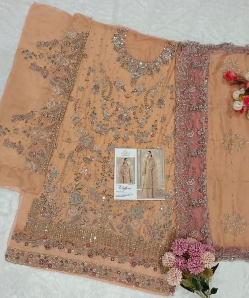 Enchanting Peach Party Wear Heavy Chiffon Suit with Khatli Work and Chiffon Dupatta Pakistani Suits Wholesale