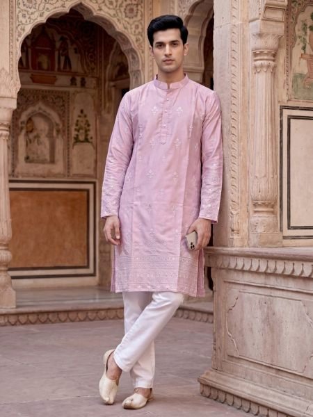 Enchanting Pink Groom Wear Malai Silk Kurta with Rich Embroidery Work at Manufacturer Rate 