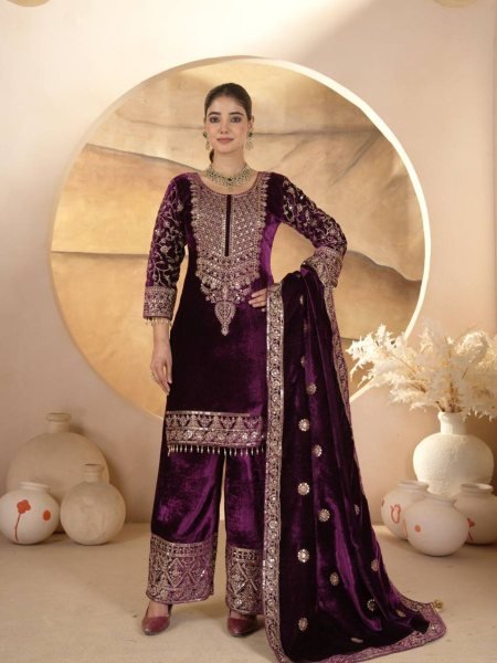 Enchanting Pink  Viscose Velvet Coding Embroidery   Sequence Work Suit Full Sleeves   Lace Border Dupatta Perfect for Winter Party Wear Shop by Occasion