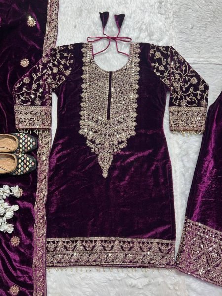 Enchanting Pink  Viscose Velvet Coding Embroidery   Sequence Work Suit Full Sleeves   Lace Border Dupatta Perfect for Winter Party Wear Ready To Wear Collection
