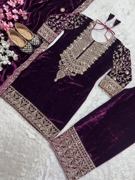 Enchanting Pink  Viscose Velvet Coding Embroidery   Sequence Work Suit Full Sleeves   Lace Border Dupatta Perfect for Winter Party Wear Ready To Wear Collection