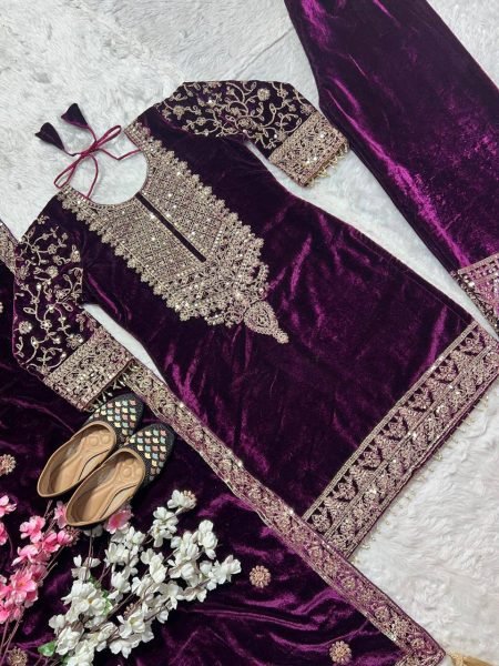 Enchanting Pink  Viscose Velvet Coding Embroidery   Sequence Work Suit Full Sleeves   Lace Border Dupatta Perfect for Winter Party Wear Ready To Wear Collection