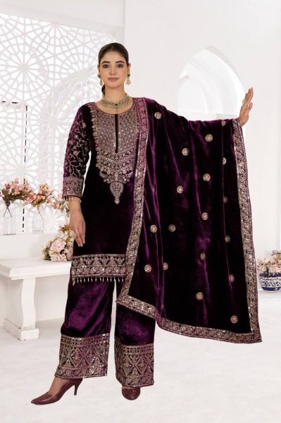 Enchanting Pink  Viscose Velvet Coding Embroidery   Sequence Work Suit Full Sleeves   Lace Border Dupatta Perfect for Winter Party Wear Ready To Wear Collection