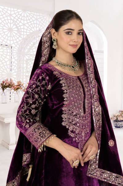 Enchanting Pink  Viscose Velvet Coding Embroidery   Sequence Work Suit Full Sleeves   Lace Border Dupatta Perfect for Winter Party Wear Ready To Wear Collection