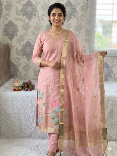 Enchanting Pink Z Card Chanderi Silk Unstitched Suit Set at Manufacturer Rate 