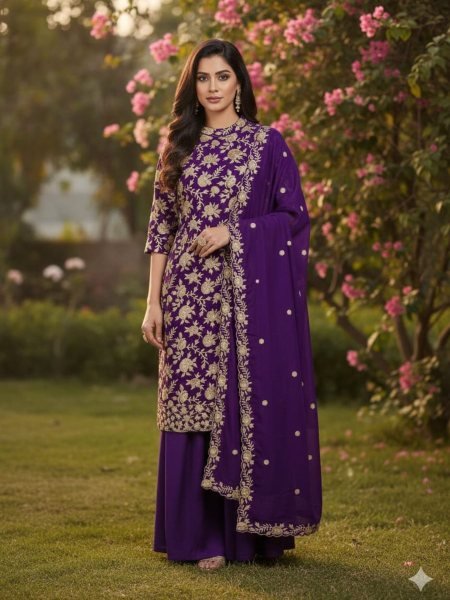 Enchanting Purple Chinon Silk Top Palazzo Set with Embroidery Work Ready To Wear Suit