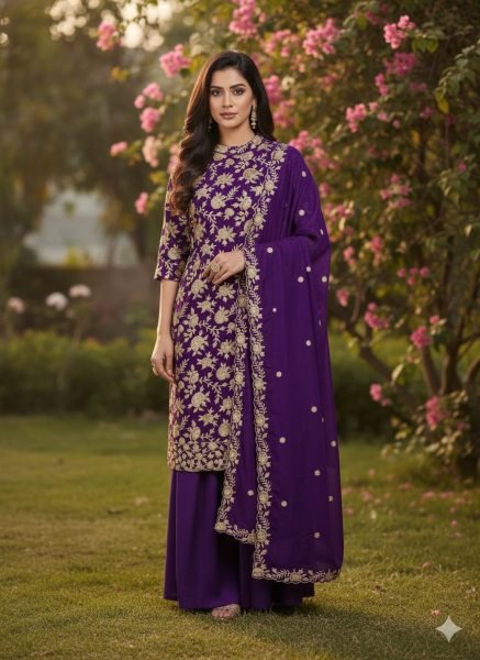 Enchanting Purple Chinon Silk Top Palazzo Set with Embroidery Work Ready To Wear Collection