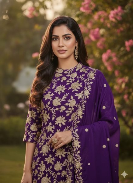 Enchanting Purple Chinon Silk Top Palazzo Set with Embroidery Work Ready To Wear Collection