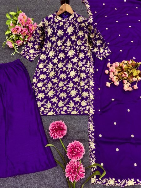 Enchanting Purple Chinon Silk Top Palazzo Set with Embroidery Work Ready To Wear Collection