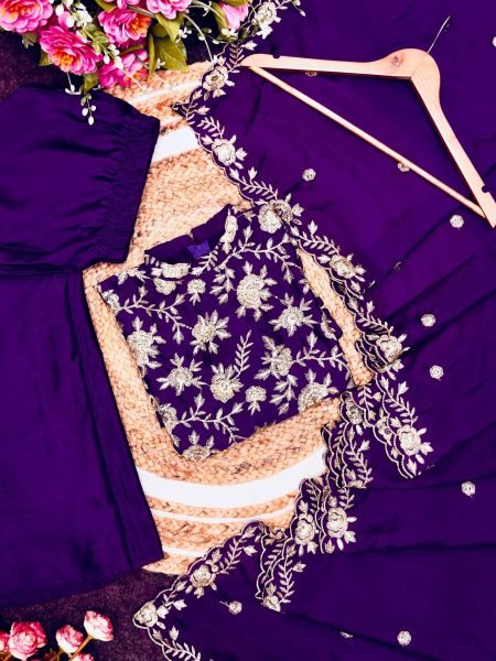 Enchanting Purple Chinon Silk Top Palazzo Set with Embroidery Work Ready To Wear Collection