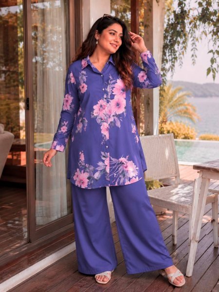 Enchanting Purple Designer Butter Silk Shirt Palazzo Set with Fully Stitched Fit at Manufacturers  CO ORD Sets