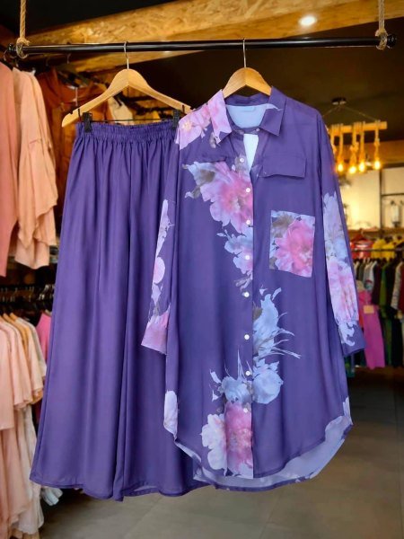 Enchanting Purple Designer Butter Silk Shirt Palazzo Set with Fully Stitched Fit at Manufacturers  CO ORD Sets