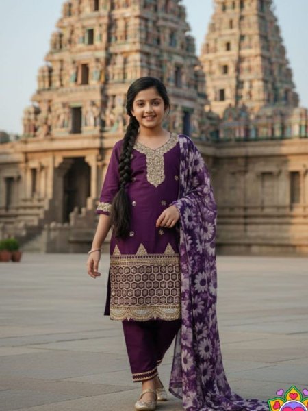 Enchanting Purple Kids Kurta Pant Set with Dupatta Collection For Festive Kurtis