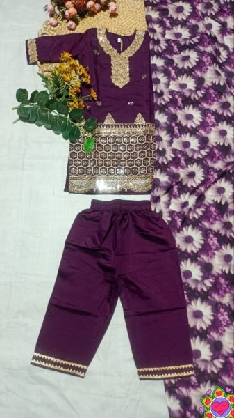 Enchanting Purple Kids Kurta Pant Set with Dupatta Collection For Festive Girls Wear