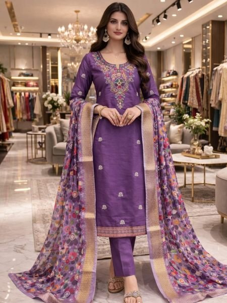 Enchanting Purple Women's Roman Silk Top Bottom Dupatta Set with Bead Work Dress Material 