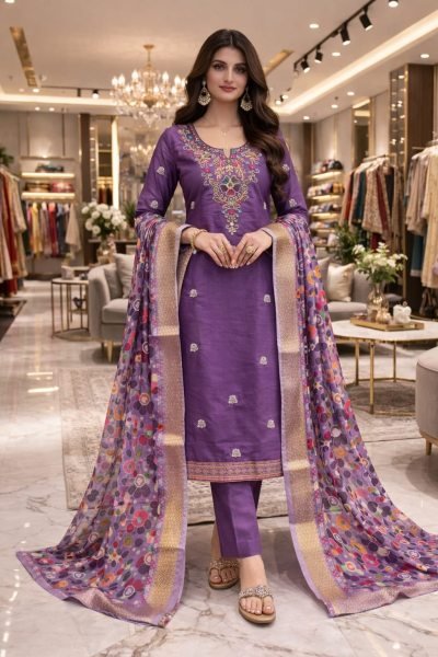 Enchanting Purple Women's Roman Silk Top Bottom Dupatta Set with Bead Work Color Set Matching Dress Material Wholesale