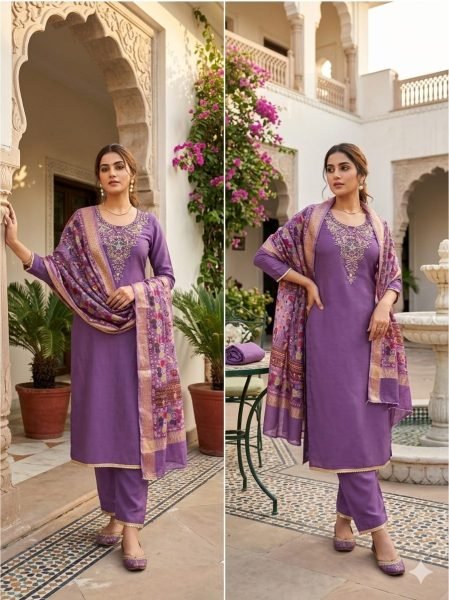 Enchanting Purple Women's Roman Silk Top Bottom Dupatta Set with Bead Work Color Set Matching Dress Material Wholesale
