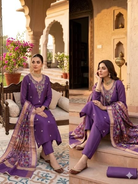 Enchanting Purple Women's Roman Silk Top Bottom Dupatta Set with Bead Work Color Set Matching Dress Material Wholesale