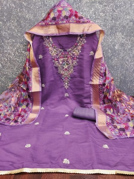 Enchanting Purple Women's Roman Silk Top Bottom Dupatta Set with Bead Work Color Set Matching Dress Material Wholesale