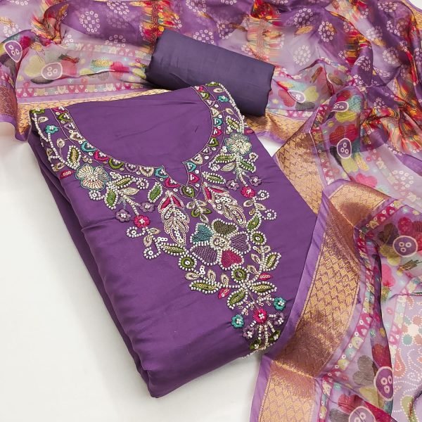Enchanting Purple Women's Roman Silk Top Bottom Dupatta Set with Bead Work Color Set Matching Dress Material Wholesale