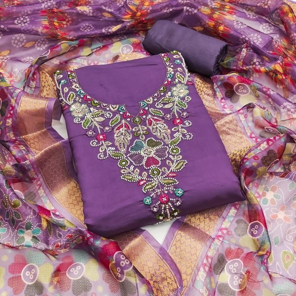 Enchanting Purple Women's Roman Silk Top Bottom Dupatta Set with Bead Work Color Set Matching Dress Material Wholesale