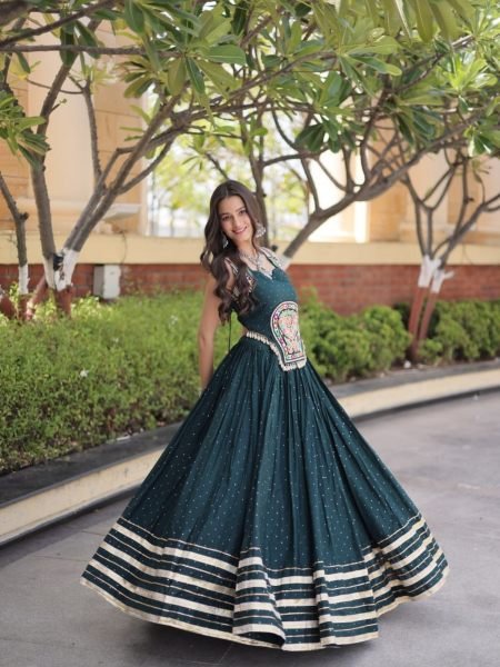 Enchanting Rama Navratri Reyon Lehenga Choli with Gamthi Mirror For Garba Night