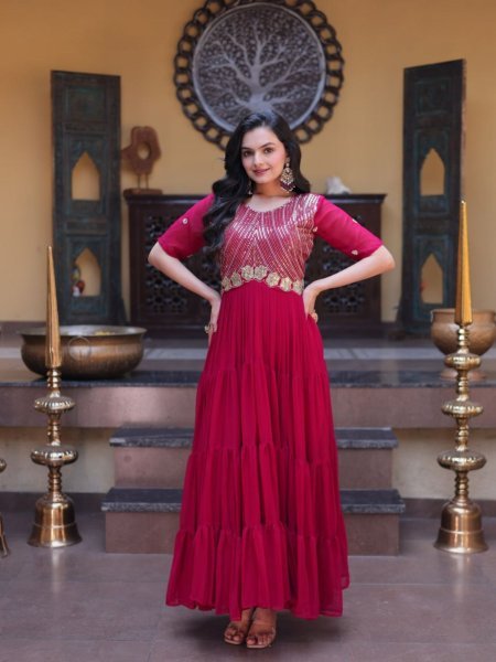 Enchanting Rani Pink Designer Readymade Embroidered Gown at Wholesale Rate for Women Kurtis