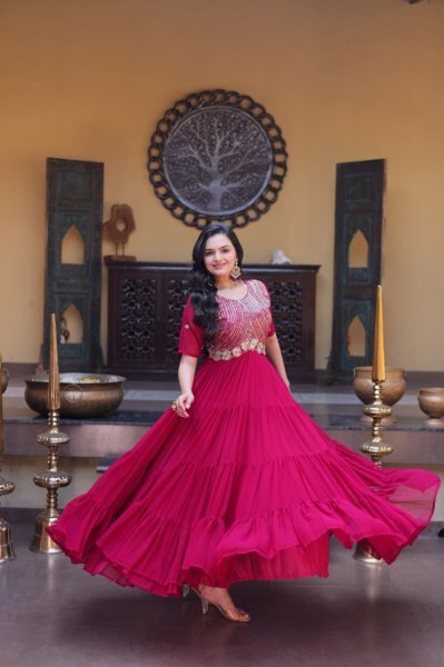 Enchanting Rani Pink Designer Readymade Embroidered Gown at Wholesale Rate for Women Anarkali Kurtis 