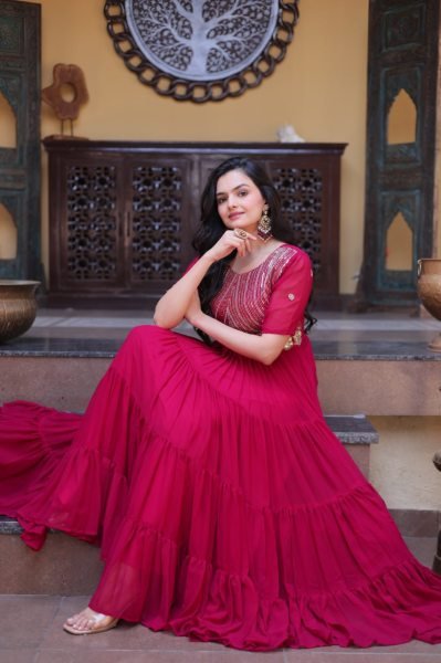 Enchanting Rani Pink Designer Readymade Embroidered Gown at Wholesale Rate for Women Anarkali Kurtis 